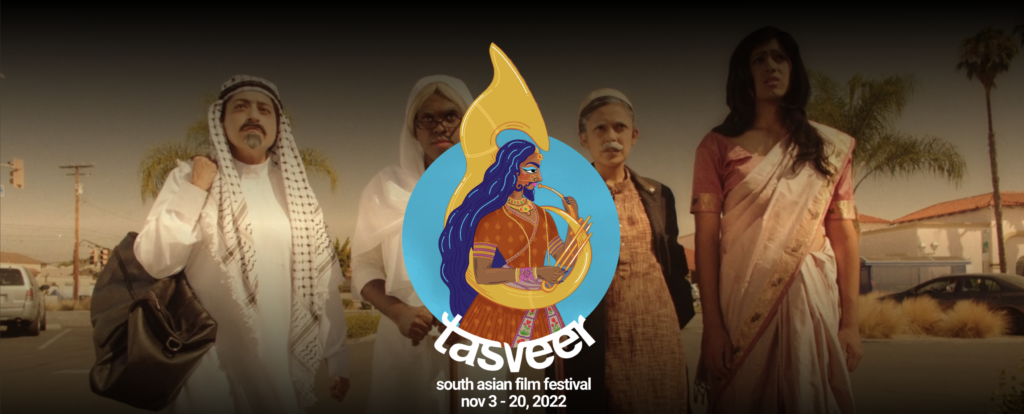 Image of TasveerTV screening portal, with Four Samosas film still in the background, featuring four costumed characters about to attempt a heist. Overlaid on the image is the Tasveer South Asian Film Festival logo, featuring a non-binary individual with a beard and beautiful dress, playing a horn.