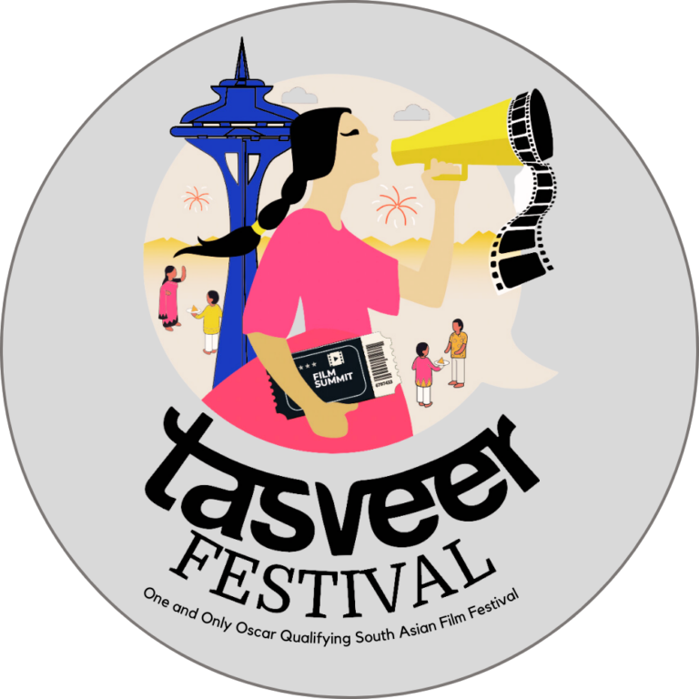 A circular sticker of Tasveer’s mascot girl dressed in pink speaking through the megaphone and holding a Film Summit ticket in her other hand. In the background is the Space Needle and “Tasveer Festival” written below.