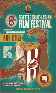 A person pulling out samosas from a popcorn box is the main image of 8th Tasveer South Asian Film Festival, TSAFF 2013. The Tasveer mascot features for the first time in TSAFF posters.